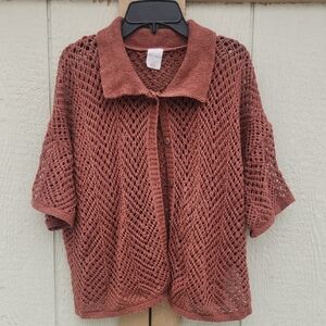 Open Knit Crocheted Fisherman Coastal Airy Grandpa Sweater Medium Earthy Shimmer